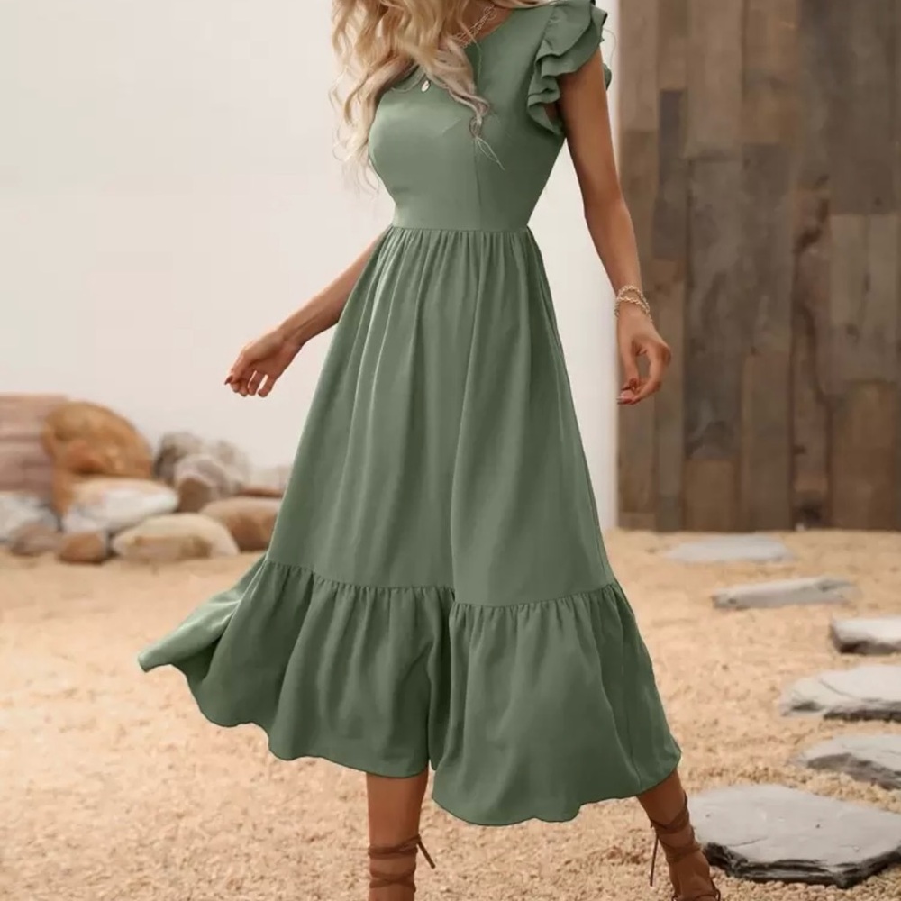 SHEIN Green Ruffle Midi Dress~ New